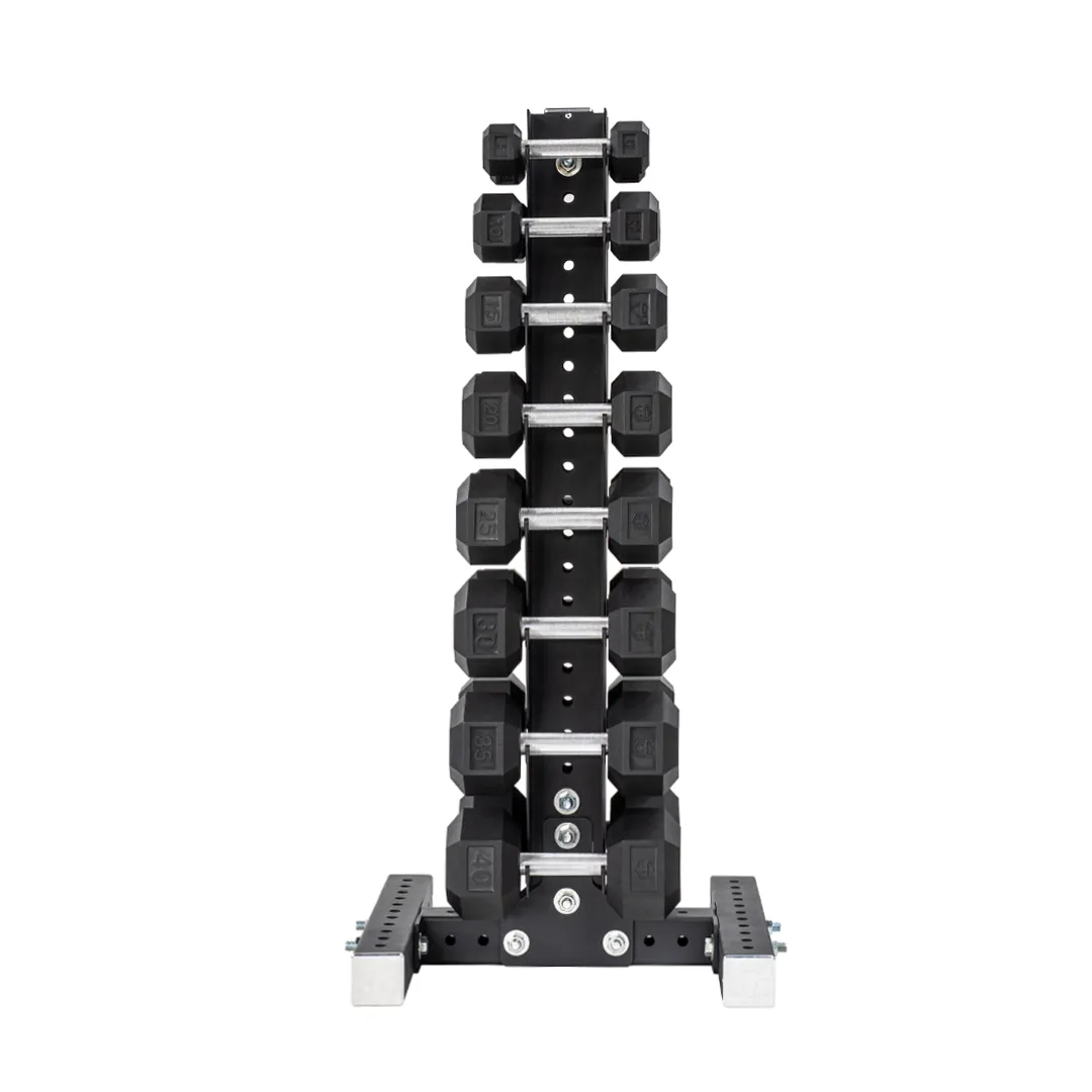 5-40 LB Rubber Hex Dumbbell Set with Vertical Storage Rack (8 Pairs) - Image 2